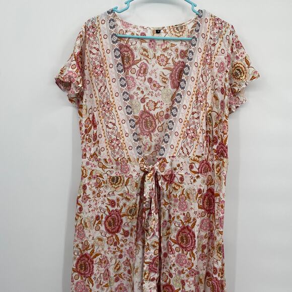 Unbranded Floral V-Neck Tie Open Front Coverup Maxi Dress Pink Size Medium - Picture 3 of 10